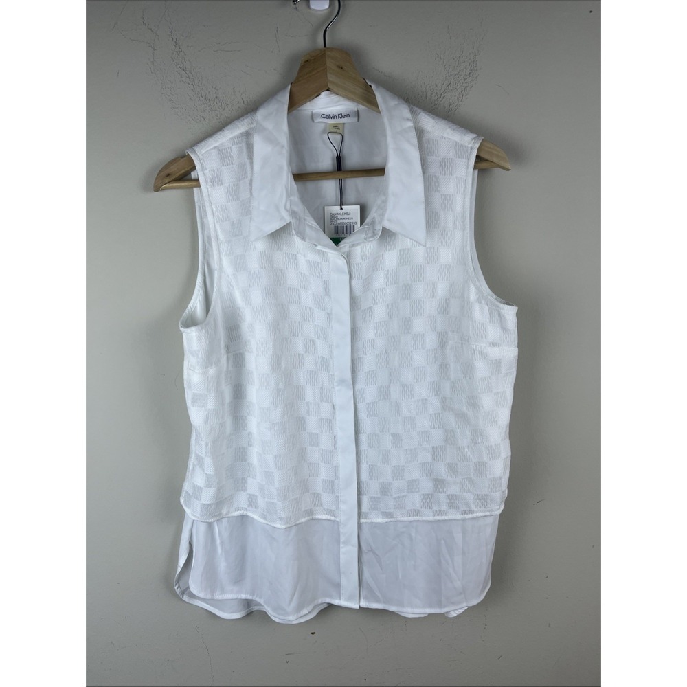 Calvin Klein Women's Large White Checkered Button Up Sleeveless Tank Blouse‎